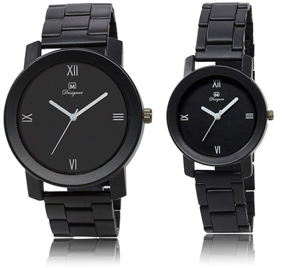 Analogue Round Black Dial Steel Belt Couple Watch