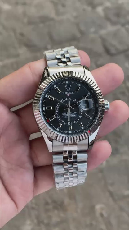 Silver Black Sky Dweller  Analog Dial Dual Tone Stainless Steel Luxurious Watch For Men