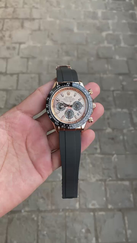Rose Gold Dial Black Case Silicon Strap Stylish Watch For Men
