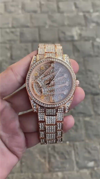 Gold Plated Stone Embedded Bracelet Style Analog Watch For Men