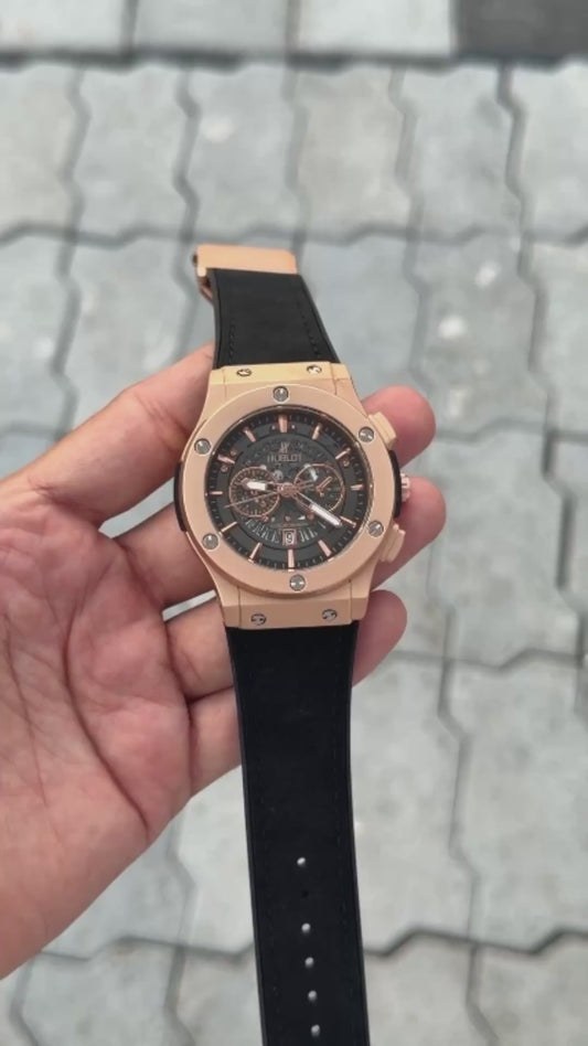 Hub_lot Copper Black Dial Analog Open Heart Leather Watch For men