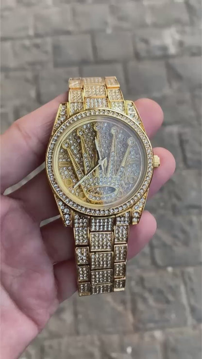Round Dial Gold Plated Stone Embedded Luxurious Watch For Men