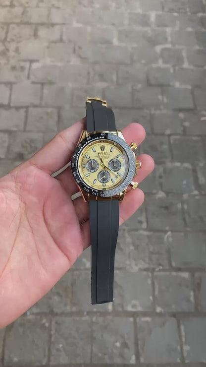 Gold Dial Black Case Silicon Strap Stylish Watch For Men
