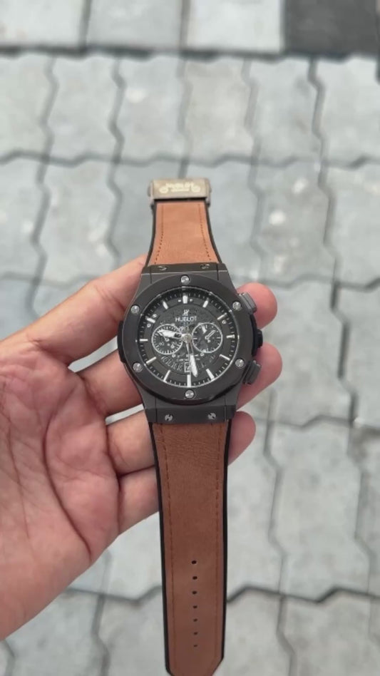 Hub_lot Black Brown Dial Analog Open Heart Leather Watch For men