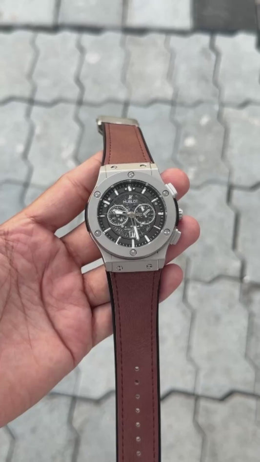 Hub_lot Silver Brown Dial Analog Open Heart Leather Watch For men