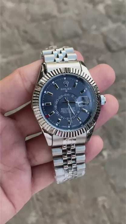 Silver Blue  Sky Dweller  Analog Dial Dual Tone Stainless Steel Luxurious Watch For Men